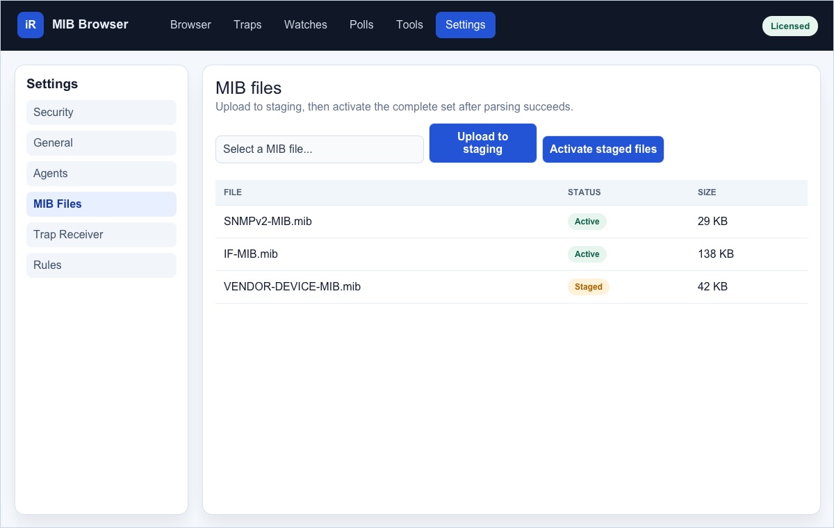Screenshot of the MIB Files settings page with active and staged MIB modules