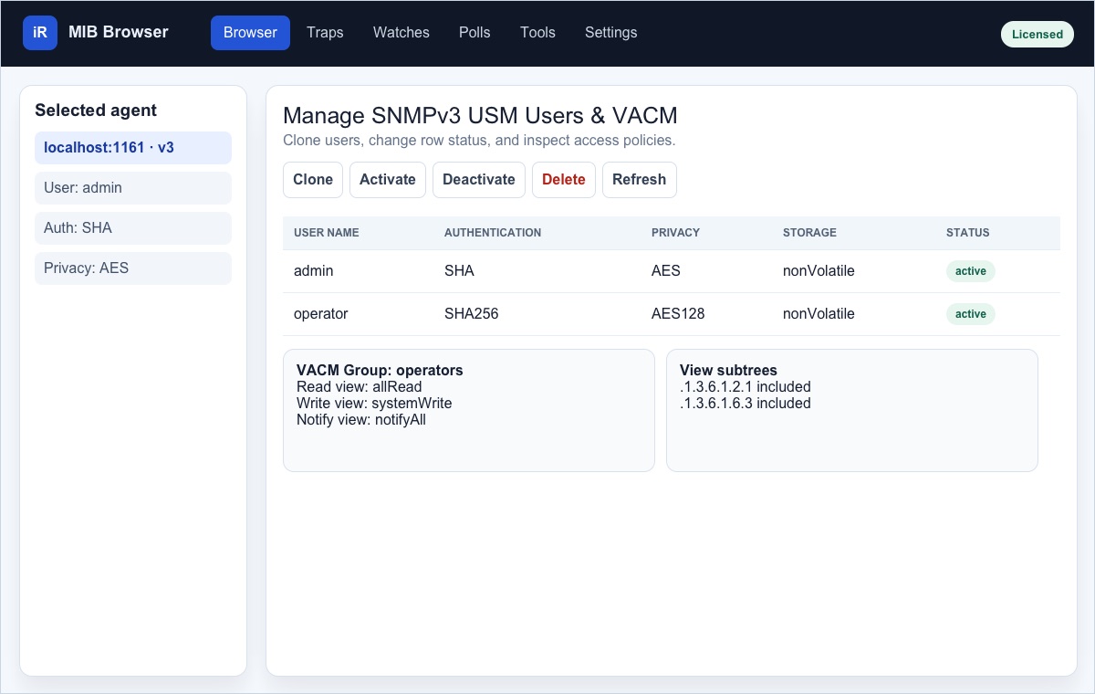 Screenshot showing a selected SNMPv3 agent with user admin, authentication SHA, privacy AES, and USM/VACM rows