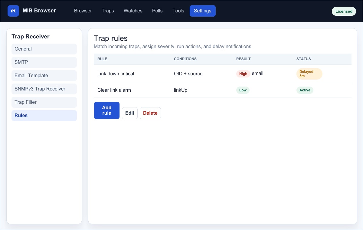 Screenshot of the Trap Rules settings page with delayed and active rules