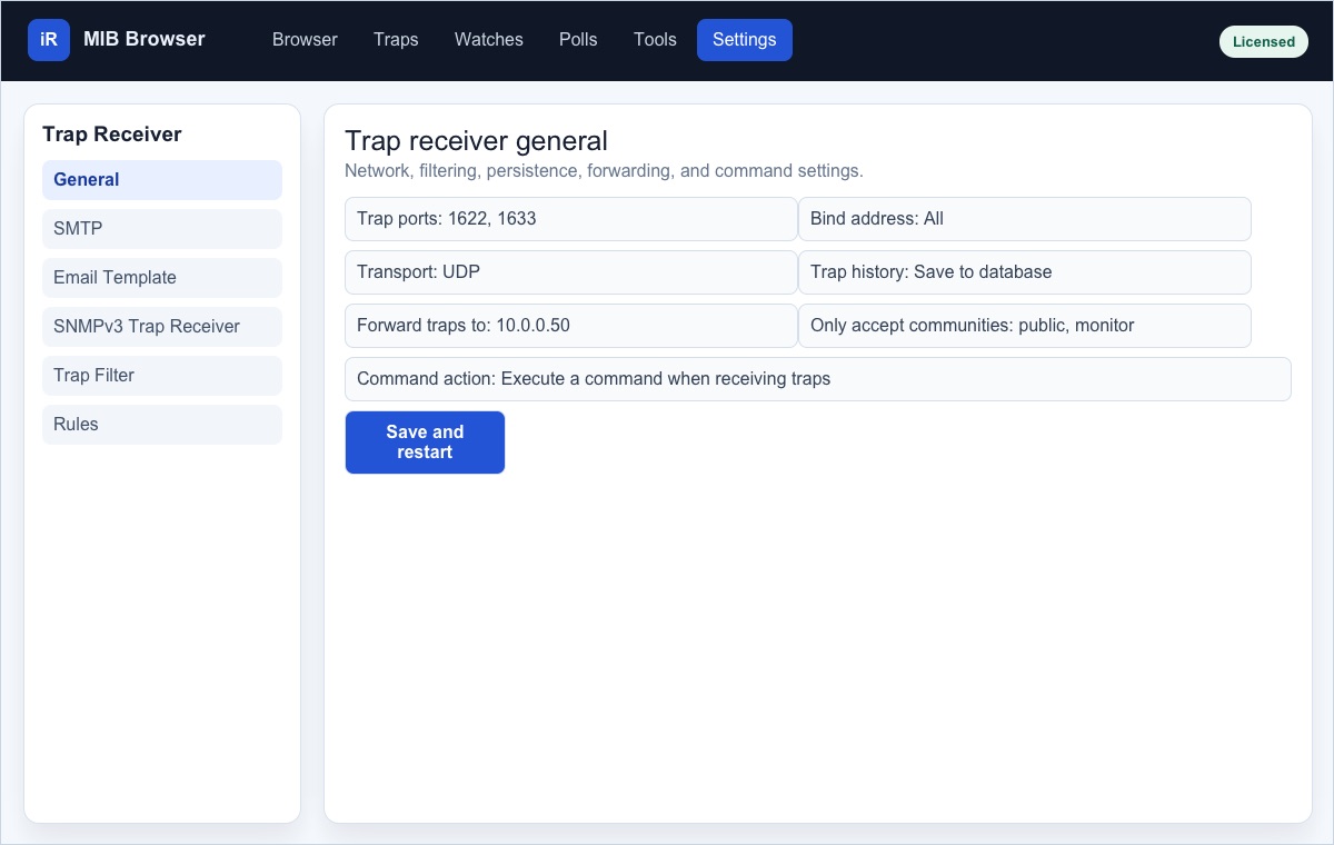 Screenshot of Trap Receiver General settings with ports transport persistence and forwarding fields