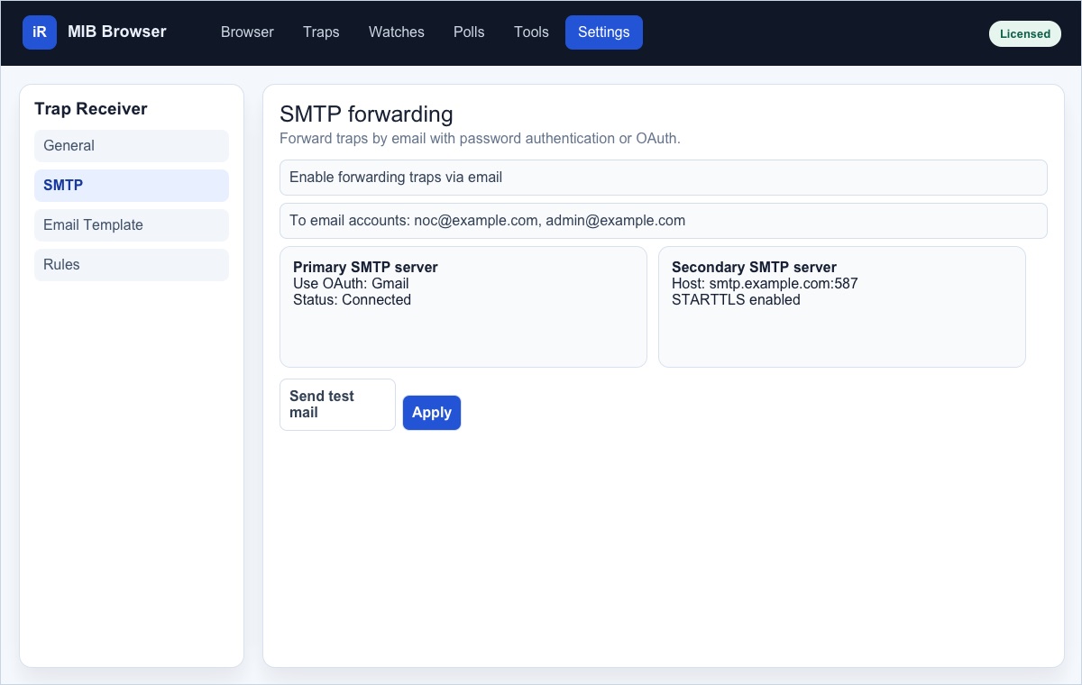 Screenshot of SMTP forwarding settings with primary OAuth and secondary SMTP server sections