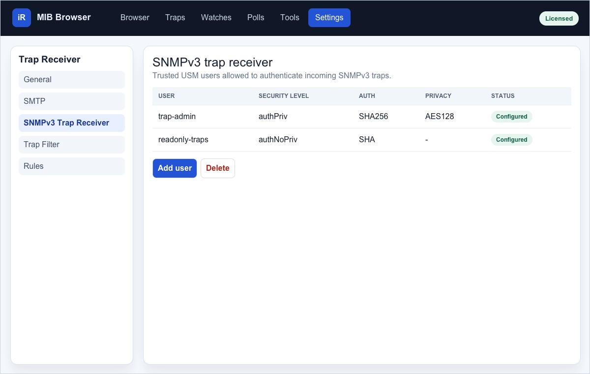 Screenshot of SNMPv3 Trap Receiver settings showing trusted USM users