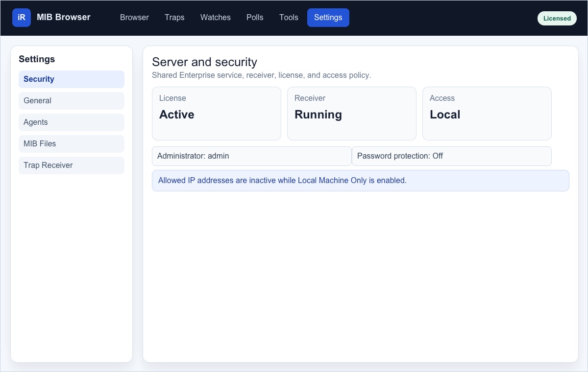 Screenshot of Server and Security settings showing license receiver and access status cards